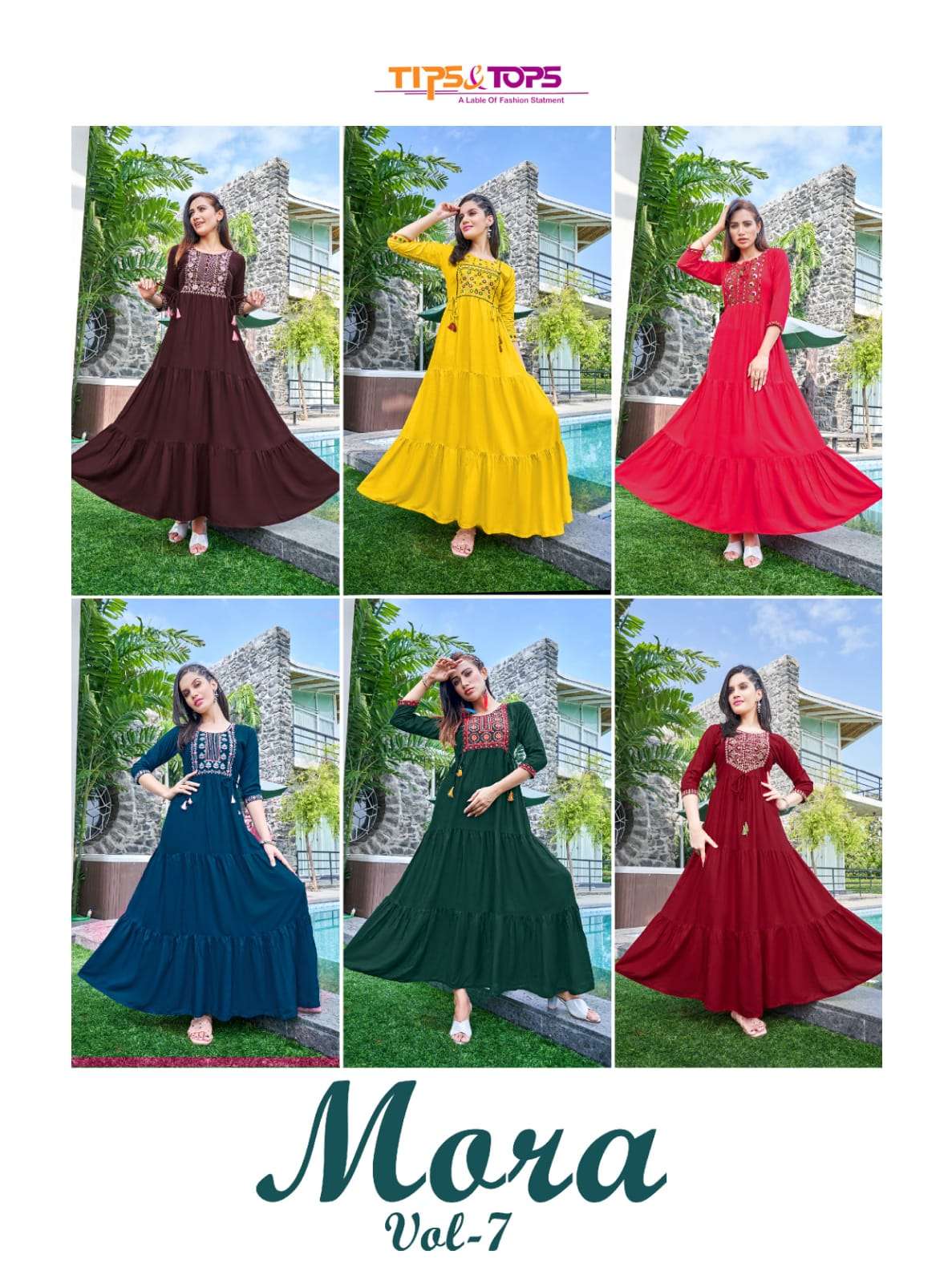 Tips & Tops-Mora Vol 07-Party-Wear-Heavy-Rayon-Hand-Work-Ghaghri-Pattern-Flair-Long Gown-Collage